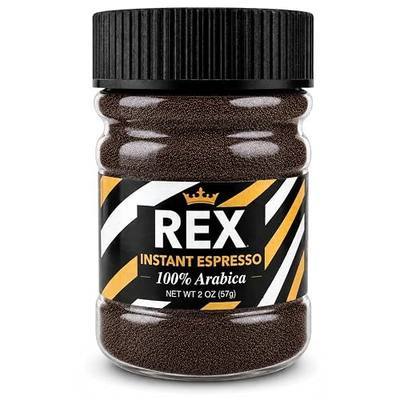 Rex Coffee Premium Instant Espresso, 100% Arabica, Kosher, 2 oz | Premium 100% Arabica instant espresso with rich flavor, smooth body, and up to 28 servings per jar