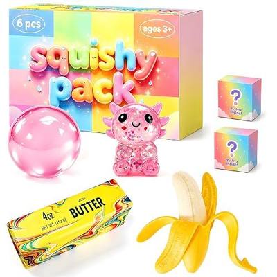 Squishy Box, 6-Pack Squishy Fidget Toys and Squeeze Toys for Kids | Lightly scented; banana, butter, coconut oil, pink axolotl and 2 mystery squishies with soft, slow-rising textures