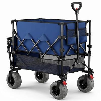 Heavy Duty Double Decker Wagon 9" Wide Big Wheels, 450LBS Capacity, 48" Extender,400L Large Foldable Wagon Cart, Adjustable Handle, All-Terrain Cart for Beach,Camping,Garden,Navy Blue