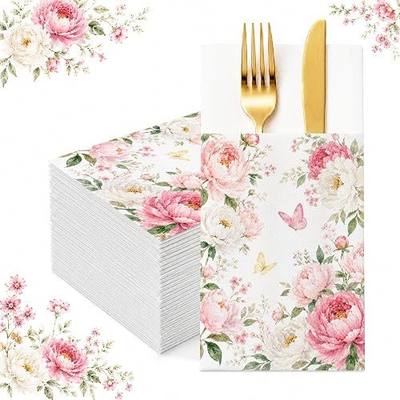 Peony Linen Feel Pocket Napkins for Wedding Party Women Birthday Decor | Wildflower Floral Design