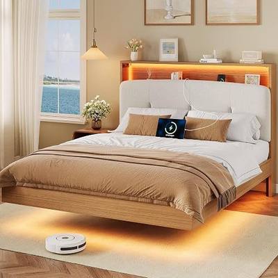 Feonase Full Size Floating Bed Frame with LED Light and Charging Station | Walnut, Wooden Floating Bed Frame Full, Upholstered Storage Headboard, Heavy Slat Support, Noise Free, No Box Spring Needed