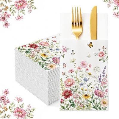 Wildflower Linen Feel Pocket Napkins for Wedding Party Cocktail Decor | Wildflower Floral Design