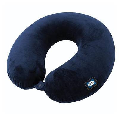 Sealy Memory Foam Travel Pillow, Universal Fit Contoured Neck Support Cushion with Snap Closure, Navy Plush