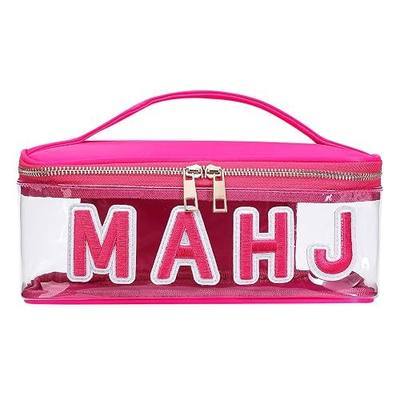 RSRSLEII Waterproof Empty Mahjong Tiles Bag for 166 American Mahjong Tiles (1.2"), Clear Embroidery Letters Mahjong Tile Bag with Handle, PVC Mahjong Case with Zipper, Case Only (03Hot Pink)