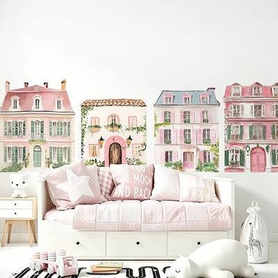 Watercolor Towns Village Wall Decal, Peel and Stick Nursery Mural Wall Stickers for Kids, Boys and Girls Room, Bedroom & Toddler Room Decor