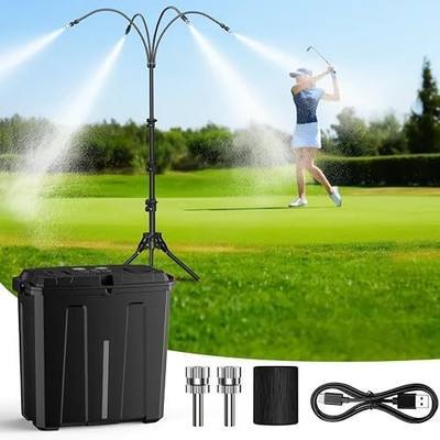 Ausic Portable Misting System with Stand, Water Cooling Misters Set for Outside Patio - 9L Bucket Built-in 10000mAh Battery & PCS Pump & Timer for Outdoor, Canopy, Sport, Golf, Beach, Greenhouse, Camp