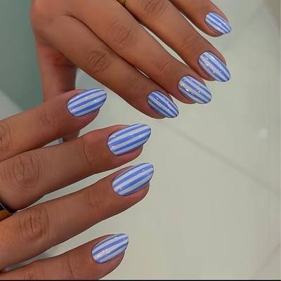 24Pcs Blue Press on Nails Short Almond Fake Nails Stripe Nails Press Ons Glossy Full Cover Nails Press Ons Blue Glue on Nails Acrylic Stripe Stick on Nails Blue White Stripe Nails for Women Manicure