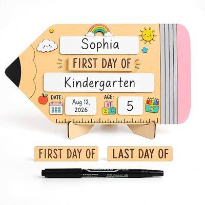 First Day of School Sign, Last Day of School Sign (Natural Wood - Pencil) | Custom Wood Name Sign for Preschool Kindergarten Daycare, Reusable Pencil Shaped Milestone Sign, 10 x 5.5 Inch