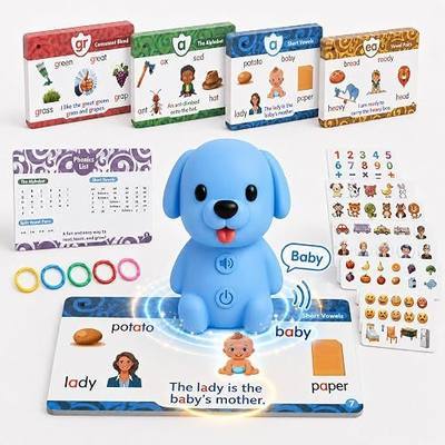 Phonics Learning Toy with Reader Dog, 148 Pages, 90 Stickers, Ages 3-8 | Tap-to-Read Audio, Bottom Reading Sensor, 5 Learning Levels, USB-C Rechargeable, 3 Volume Settings, Card Rings Included