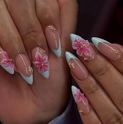 24Pcs Almond Press on Nails 3D Pink Fake Nails Medium Blue French Tip False Nails Embossed Flower Gold Bead Designs Full Cover Floral Glue on Nails Cute Flowers Stick on Nails for Women Manicure