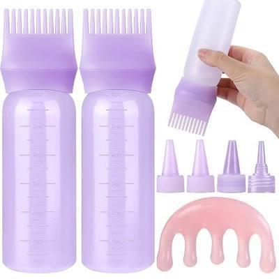 Pimoys Root Comb Hair Dye Oil Applicator Bottles For Scalp Brush, Purple | 2 Pcs 6 Oz Plastic Squeeze Bottles Graduated with 4 Pointed Cover and Massage Comb, Reusable For Coloring Oiling Salon