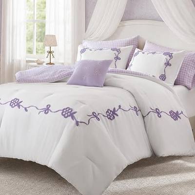 Intelligent Design Kids Girls Floral Bow Purple Queen Comforter Set, 6pc | Children Bedroom, Children Bedding Full Size, Embroidered, Lightweight Reversible Gingham Print, Machine Washable, All-Season