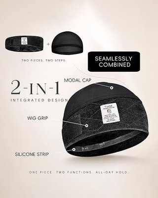 Wide Wig Grip Cap for Women Non Slip, 2-in-1 Breathable Wig Gripper Band, Comfort Fit Wig Caps for Lace Front Wigs, Black, 1 Piece