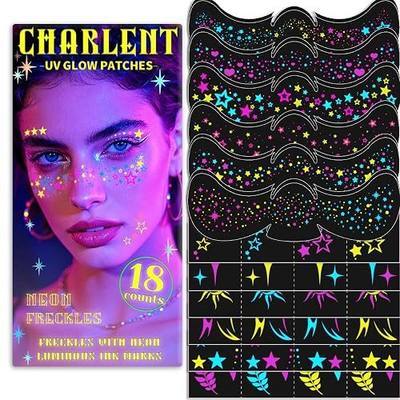 CHARLENT Neon Freckle Face Tattoos, UV Blacklight Glow Temporary Tattoos | 36Pcs Fluorescent Face & Body Stickers for Adults Teens Festivals, Raves, Clubs & Night Parties