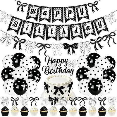 Black Bow Happy Birthday Banner Decorations,Cute Polka Dot Theme Brithday Decorations Black and White Latex Balloons Bow Cake Topper for Baby Shower Wedding Bachelorette Party Decorations