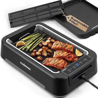 Indoor Grill, CUSIMAX Electric Smokeless Grill & Griddle, Black, 1500W | With REPLACEABLE Smoke Filter Sponge/Smart LED Display/Non Stick 2 in 1 Grill & Griddle Plates/Larger Grilling Area
