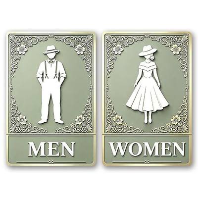 2 Pack Sage Green Floral Restroom Metal Sign, Elegant Men And Women Bathroom Door Plaque, 8x12 Inch