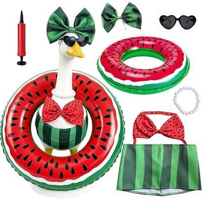 Summer Porch Goose Bikini Outfit Clothes for 23 Inch Lawn Goose Statue | Watermelon Swimsuit Set Headband Heart Sunglasses Swim Ring Weatherproof Polyester Fits 23in Goose Summer Patio Yard Decor