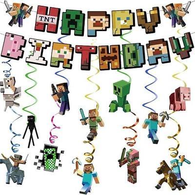 13 Pcs Pixel Theme Happy Birthday Decorations, Cartoon Games Birthday Decorations, Includes Happy Birthday Banner & Spiral Hanging Decorations