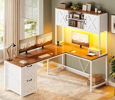 SEDETA Farmhouse L Shaped Desk with Hutch, Reversible 86.6" Computer Desk with Drawers and Power Outlet for Home Office/Two Person, Corner Desk with LED Light and Storage Shelves, White and Brown
