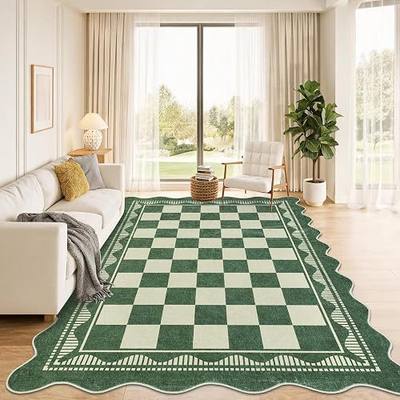 Garvee 8x10 Area Rug Scalloped Checkered Rugs for Living Room Washable Rugs for Bedroom Non Slip Non Shedding Floor Cover Stain Resistant Low Pile Throw Rug for Dining Room Nursery,Green | Washable Rugs for Bedroom Non Slip Non Shedding Floor Cover Stain Resistant Low Pile Throw Rug for Dining Room