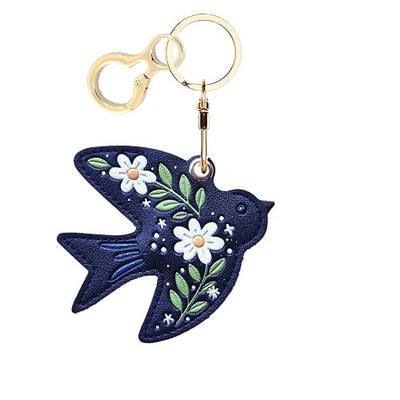Leather Keychain Holder Case Compatible with AirTag,Cute Protective Cover with Keyring,Anti-Scratch Finder GPS Tracker Case for Wallet Keys,Bag,Pets,Backpack(Blue Swallow)