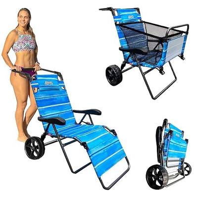 Beach Cart Chair – 2 in 1 Turns from Cart to Chair – Large Wheels – Easy to Use – Large Capacity – Blue Striped Color NEW