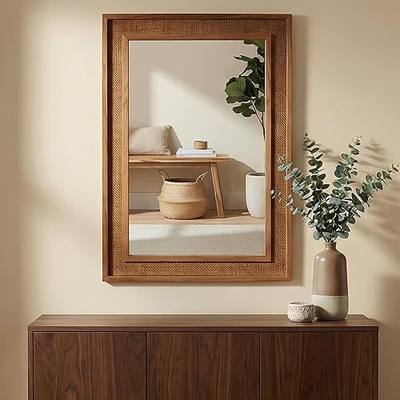USHOWER 24x36 Inch Rattan Rectangle Mirror for Wall, Yellowish-Brown Frame | Farmhouse Wicker Mirror, Boho Decorative Mirror for Bathroom, Bedroom, Living Room, Entryway, Home Decor
