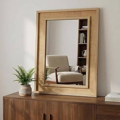 USHOWER 24x36 Inch Rattan Rectangle Mirror for Wall, Natural Wood Frame | Farmhouse Wicker Mirror, Boho Decorative Mirror for Bathroom, Bedroom, Living Room, Entryway, Home Decor
