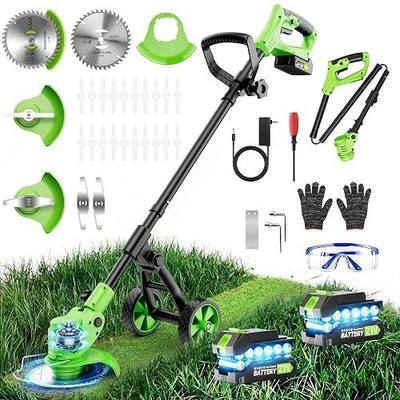 4-in-1 Cordless Weed Wacker with Wheels, 4000mAh Battery Powered Stringless Weed Eater, Brushless Grass Trimmer with 2 Batteries, 3 Blade, Adjustable Head, Lightweight Lawn Edger Brush Cutter