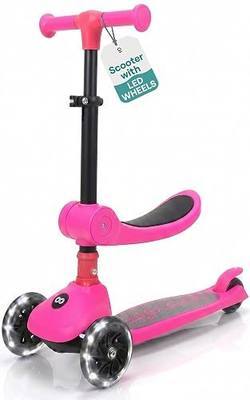 SereneLife 3 Wheel Scooter for Toddlers & Kids, Foldable Seat, LED Wheels, Adjustable Handlebar, Anti-Slip Deck, Rear Foot Brake, Lean-to-Steer, Kid Scooter Ages 18M–7Y, Supports up to 110 lbs, Pink