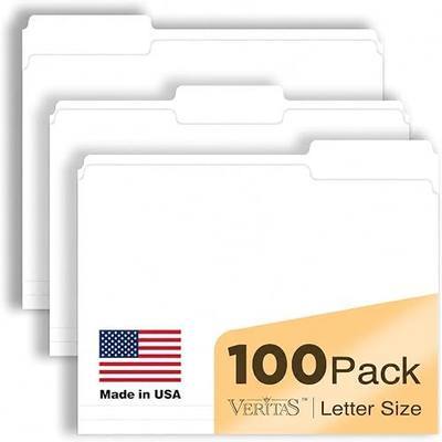 White File Folders 100 Pack, Letter Size 8.5 x 11, 1/3-Cut Tab Folders, 12PT Durable Paper Folders for Office, School & Home Filing, Made in USA