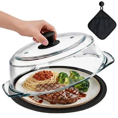 Glass Microwave Splatter Cover for Food with Silicone Trivet & Oven Mitt, Sturdy Glass Plate Splatter Guard Lid with Vent Holes & Easy-Grip Knob - BPA Free, Dishwasher Safe - 9.5inch