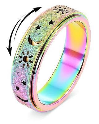 Fidget Ring Toys Adults Anxiety Relief Spinner Women Men Sun Moon Star | Celestial Sun Moon Star Smooth Spin Stress Relief 6mm Stainless Steel Gold Plated Silver Rainbow US Size 5-10