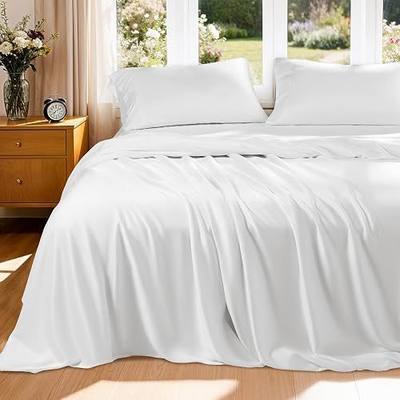 Luxury Mulberry Silk Modal Queen Size Sheet Set 4pc, Ultra Breathable & Cooling Bed Sheets for Hot Sleepers, Hotel Luxury Silky Bedding Sheets, 16" Deep Pocket(Queen,White)