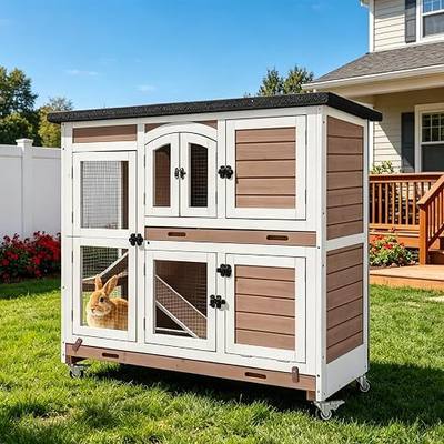 2-Story Rabbit Hutch Indoor Outdoor Wooden Bunny Cage with Wheels Rabbit Cage Mobile with Chewproof Ramp, Easy-Clean Pull-Out Trays, 7 Doors & Expandable for Rabbits, Guinea Pigs (Brown)