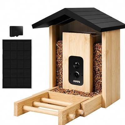 Smart Bird Feeder with Camera, 2.5K HD Camera Bird Feeder, AI Identify, Solar & Battery Powered, Auto Capture & Notify in Time, Bamboo Wooden, Ideal Gift for Family(1.55L)