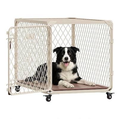 Diamond Mesh Dog Crate for Medium Dogs, 36 Inch Metal Dog Kennel with Lockable Wheels, up to 100lbs, Double Secure Latch Dog Cage with Removable Tray, Durable & Easy to Assemble, Beige