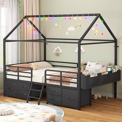 ADORNEVE Full Bed Frame with 6 Drawers,Metal House Boys Bed,Black | Full Size Bed Frame Kids,Safety Guardrail,Inclined Ladder,No Box Spring Needed