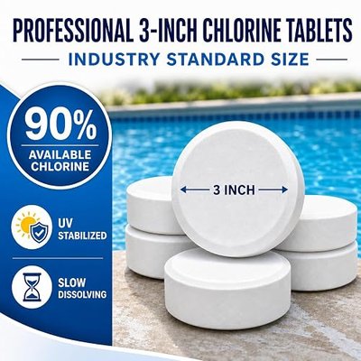Chlorine Tablets 3 Inch, Pool Chlorine Tablets 50 lb Bucket, 90% Available Chlorine, Slow Dissolving Stabilized Trichlor Tabs for Swimming Pools, Long Lasting, UV Protected, Protective Packaging