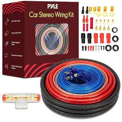 Pyle 4-Gauge Car Amplifier Wiring Kit for Car Audio | Complete amp wiring kit with power, ground, remote, speaker wire, RCA cables, and 100A fuse for car audio installation.