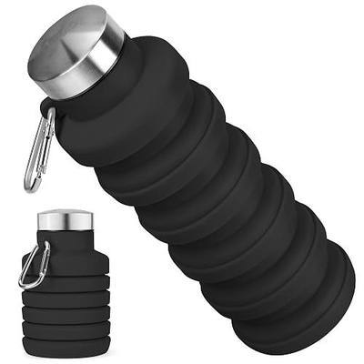 Collapsible Water Bottle, 16oz Portable Reusable Silicone Water Bottle with Carabiner for Gym, Travel, Camping, Hiking, Sports, Lightweight, BPA-Free, Leak-Proof, Foldable Design, Black