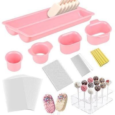 Antner Cake Pop Mold Set Complete Homemade Popsicle Cakesicle Molds | Double Tray, Round & Oval Cake Pop Cutter and Pusher (Pink), Acrylic Stand, Sticks, Lollipop Sticks, Cellophane Bags & Ties