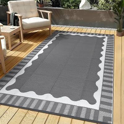 Garvee Large Scalloped Outdoor Rug 9x12 Patio Rugs Outdoor Waterproof,Grey | Reversible Plastic Straw Modern Bordered Outside Rug for Picnic Backyard Deck Balcony Beach Trailer Camping
