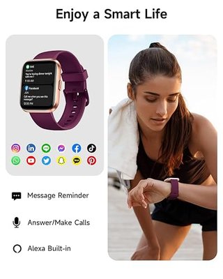 Woneligo Smart Watch for Women, Answer/Make Calls, Alexa Built-in, 1.85" Touch Screen Fitness Tracker for Android & iPhone, Heart Rate/Sleep/SpO2 Monitor Smartwatch, Waterproof (Deep Purple)