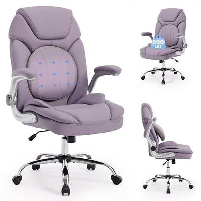 500lbs Criss Cross Wide Office Desk Chair with Back Support Purple | Ergonomic Lumbar Support, Wide Seat, Flip-up Padded Arms, Comfortable for Sitting All Day, Faux Leather
