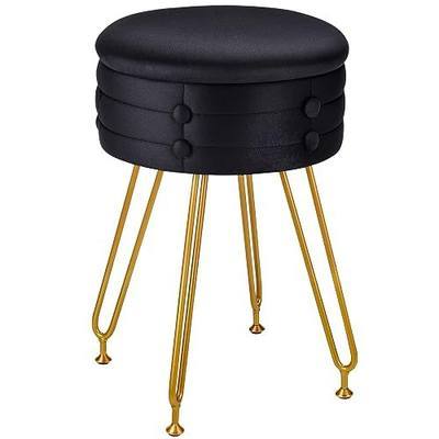 VECELO Round Velvet Vanity Stool with Storage, Faux Fur Padded Makeup Chair with 4 Metal Legs for Bedroom, Black
