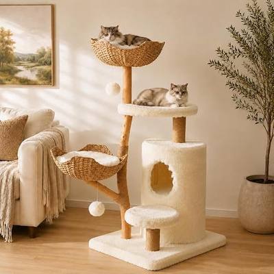 Erinnyees 52.2" Real Wood Cat Tree with Basket Beds, White | Plush perches, sisal posts, and woven baskets help cats nap, scratch, climb, lounge, and stay active indoors