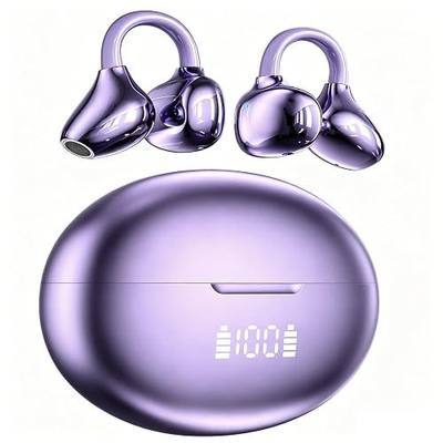 Clip-On Earbuds , Open-Ear Wireless Bluetooth 6.1 Bone conduction Headphones With Digital Display Charging Case, Secure Fit for Small Ears & Glasses Wearers, Sport Earphones, IPX7 Waterproof Ear Buds