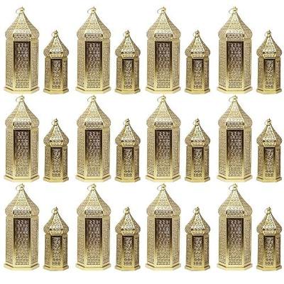 Vela Lanterns Decorative Indoor Gold Ramadan Temple Lanterns, Set of 24 | Ramadan Decor for Home, Eid Islamic Candle Holder For Table Centerpieces or Hanging, 11in & 15.25in Tall, Bulk 24pc Set